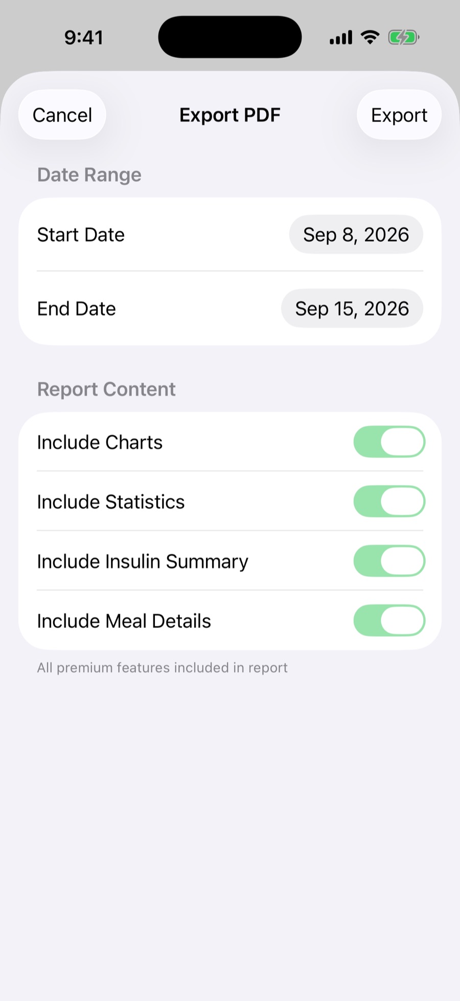 The PDF export screen on iPhone, with a date range and switches for charts, statistics, insulin summary and meal details.